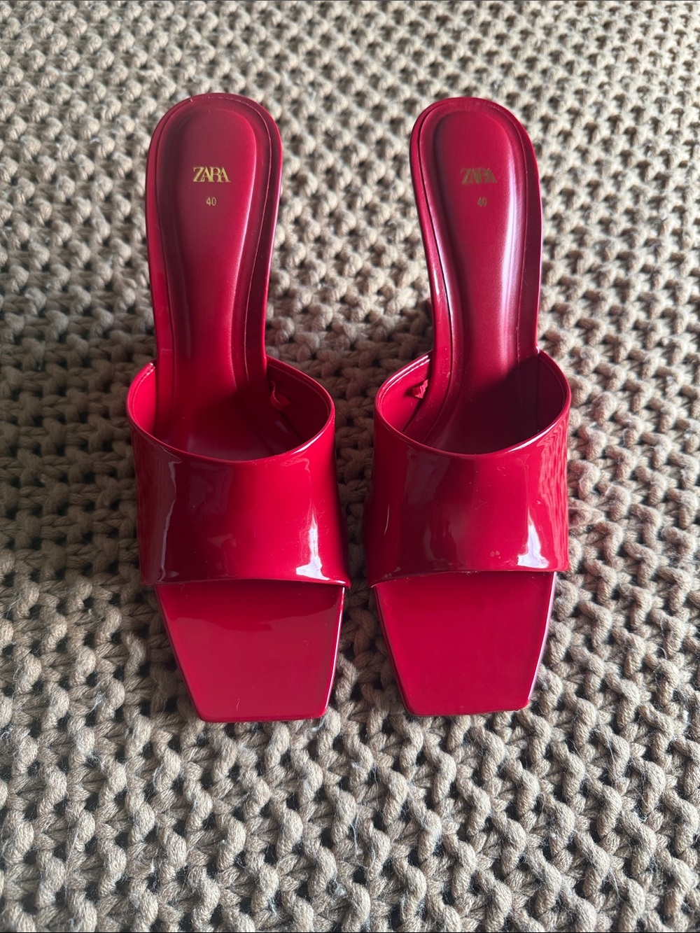 Zara Bright Red Patent Square-Toe Slide Mules